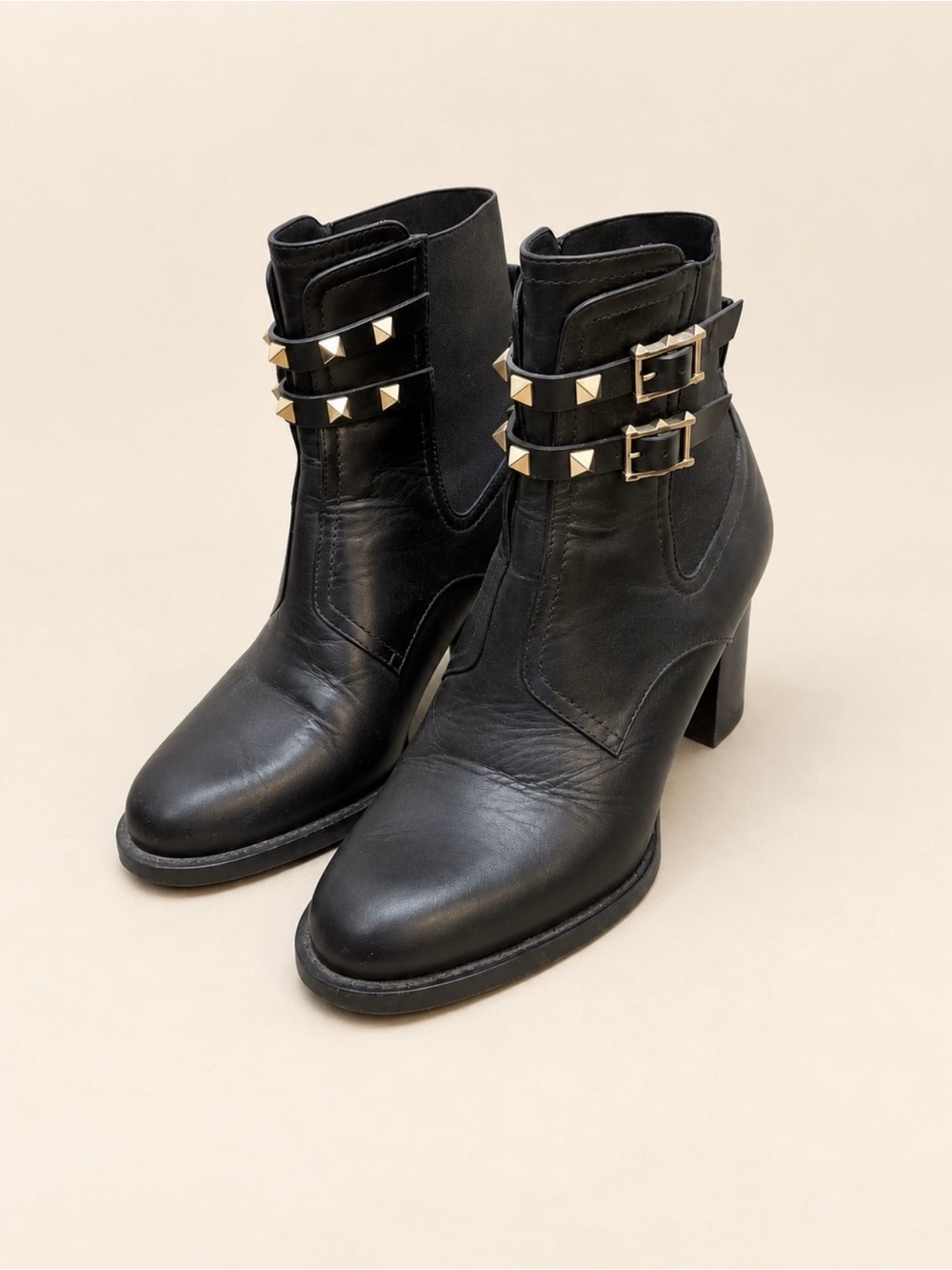 Valentino Garavani Black Leather Studded Buckle Ankle Boots